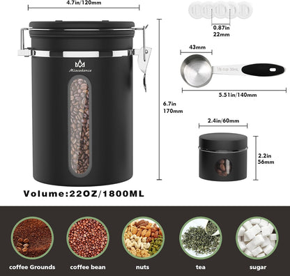Coffee Canister for ground coffee with Transparent Window,Date Tracker CO2 Valve 304 Stainless Steel Kitchen Food Airtight storage container for Coffee Beans or Grounds, Tea, Sugar(black 22OZ)