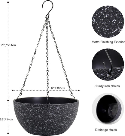 12 inch Large Hanging Planters for Indoor Outdoor Plants, 2 Pack Hanging Flower Pots with Drainage Holes and Chain for Garden Porch, Plastic Hanging Baskets for House Plants, Speckled Black
