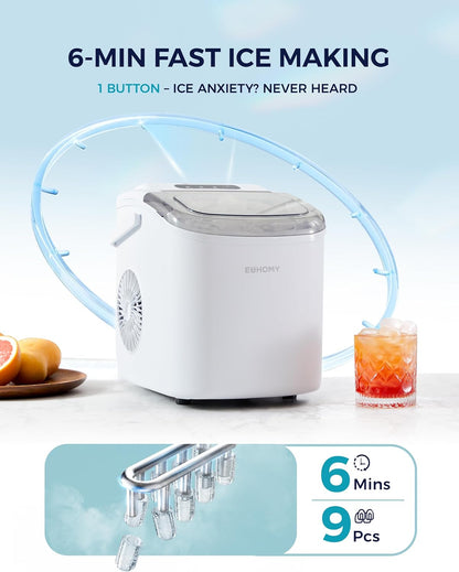 EUHOMY Countertop Ice Maker Machine with Handle, 26lbs Per Day, 9 Ice Cubes Ready in 6 Mins, Auto-Cleaning Portable Ice Maker with Basket and Scoop, for Home/Kitchen/Camping/RV (White)