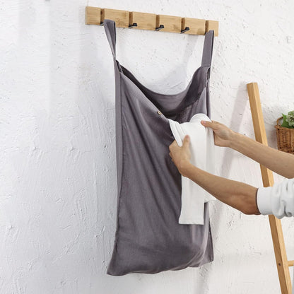 Linen Hanging Laundry Bag, 100% Linen Over The Door Laundry Hamper with Buttons and Zipper, Space Saving Door Hampers for Laundry Dirty Clothes Home Travel, Grey