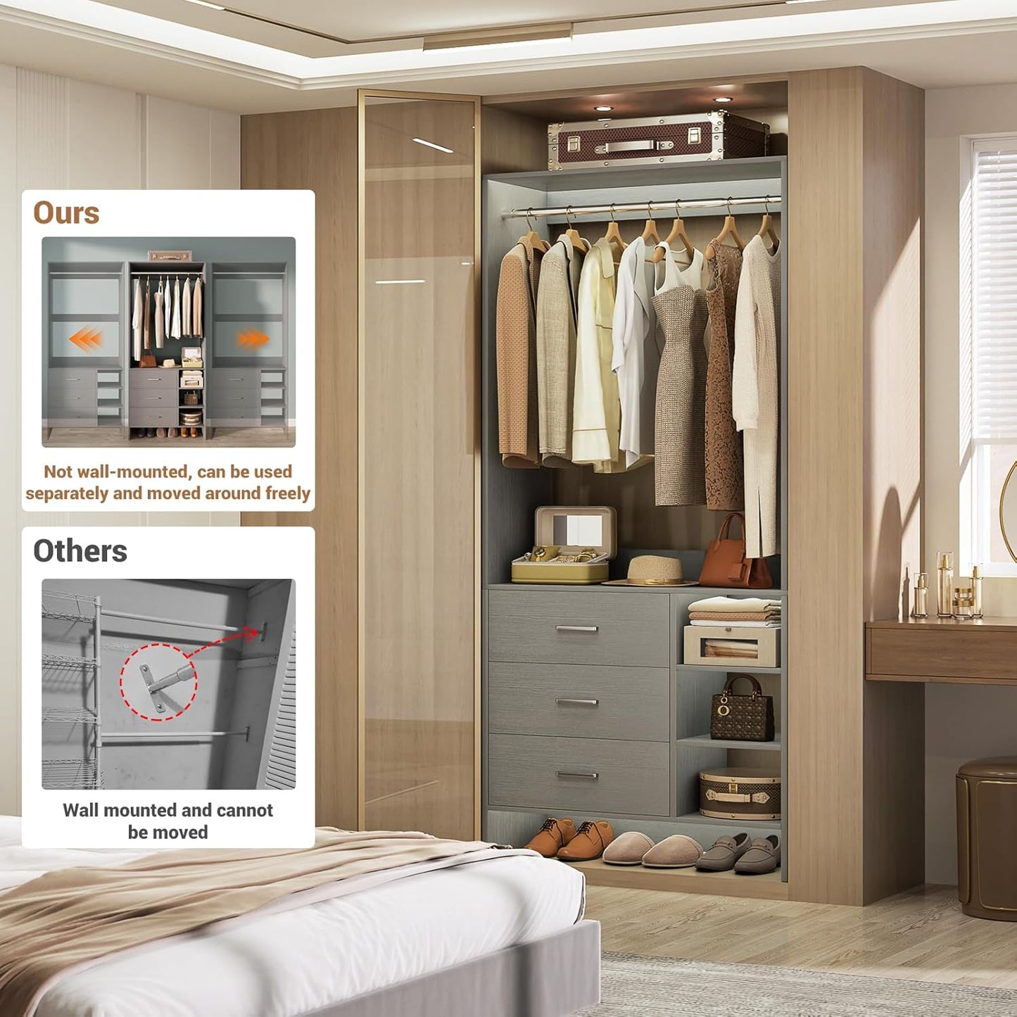 Aheaplus 2.5FT Closet System with 3 Drawers, 29.5’’ Closet Organizer, Wood Closet Organizer System, Walk-in Closet or Small Closets Wardrobe, Clothes Rack with Hanging Rods,-E6, Grey