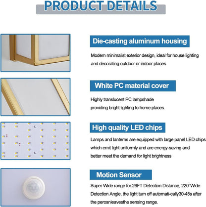 Motion Sensor Outdoor Wall Sconce LED 30W Aluminum - Gold Modern Exterior Light Fixture, 3000K Warm,IP65 Waterproof Rectangular Porch Lighting,for Patio,Garage,Front Door
