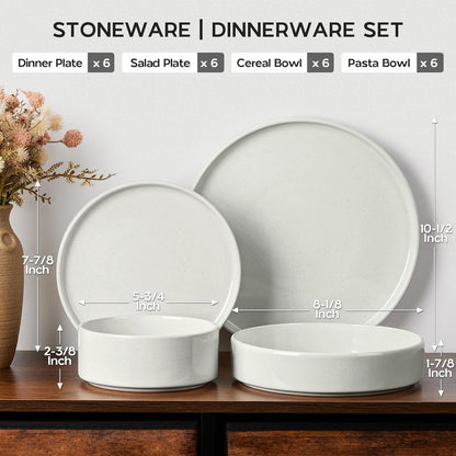 Onader 24 Piece Dinnerware Sets with Pasta Bowls for 6, Stoneware Plates and Bowls Dish Sets, Ceramic Speckled Dinner Dishware for Kitchen Dining, Microwave & Dishwasher Safe - Cloud White