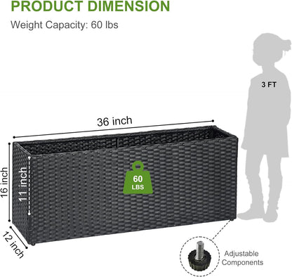LEWIS&WAYNE Large Rectangular Block Planter Box Handmade Wicker Tall Planters for Outdoor Plants with Removable Liners Modern Planter for Indoor Outdoor Patio Deck - Black, 36''x12''x16''