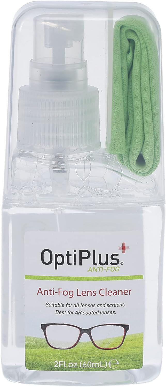 OptiPlus Anti-Fog Lens Cleaning Spray Kit l Cleaning Spray and Microfiber Cloth for Glasses, Laptops Screens, Smart Phones, Optical Lens, Goggles, Watch Screen and More l Defogging and Cleaning l 2oz