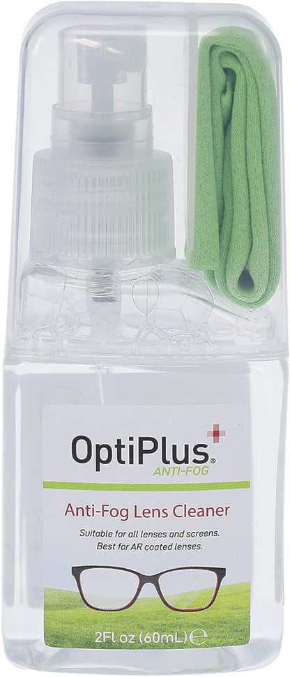 OptiPlus Anti-Fog Lens Cleaning Spray Kit l Cleaning Spray and Microfiber Cloth for Glasses, Laptops Screens, Smart Phones, Optical Lens, Goggles, Watch Screen and More l Defogging and Cleaning l 2oz