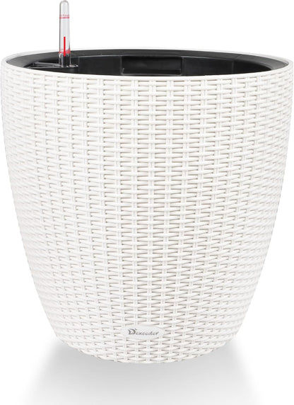 Dexceder 18x17 Inches Rattan Self Watering Planter Indoor Outdoor, Inner Pot Design, Thickened Table Flower Plant Pot with Water Level Indicator (Ivory White)