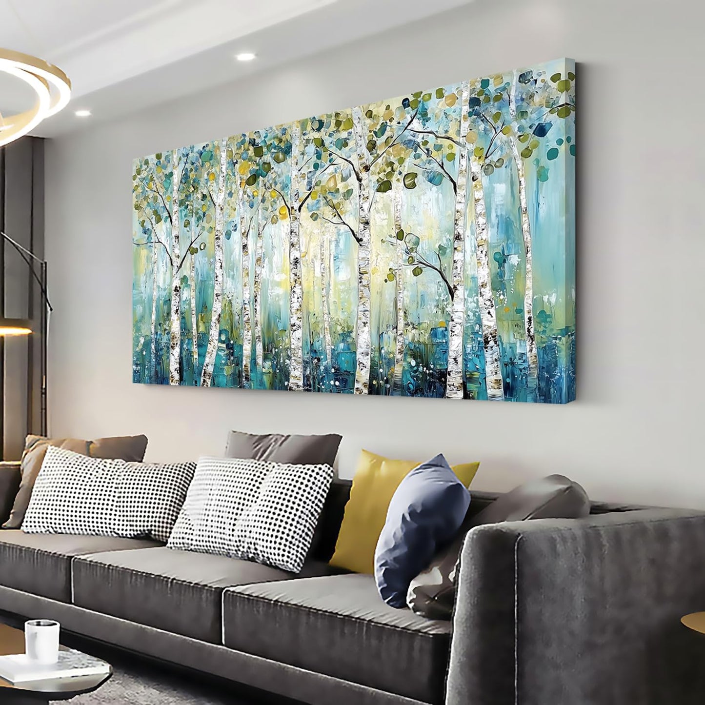 LASMOND Abstract Teal Grove Canvas Paintings Prints Modern Tree Wood Artwork Decor Wall Art for Living Room Bedroom Offices (58x28 Inches)