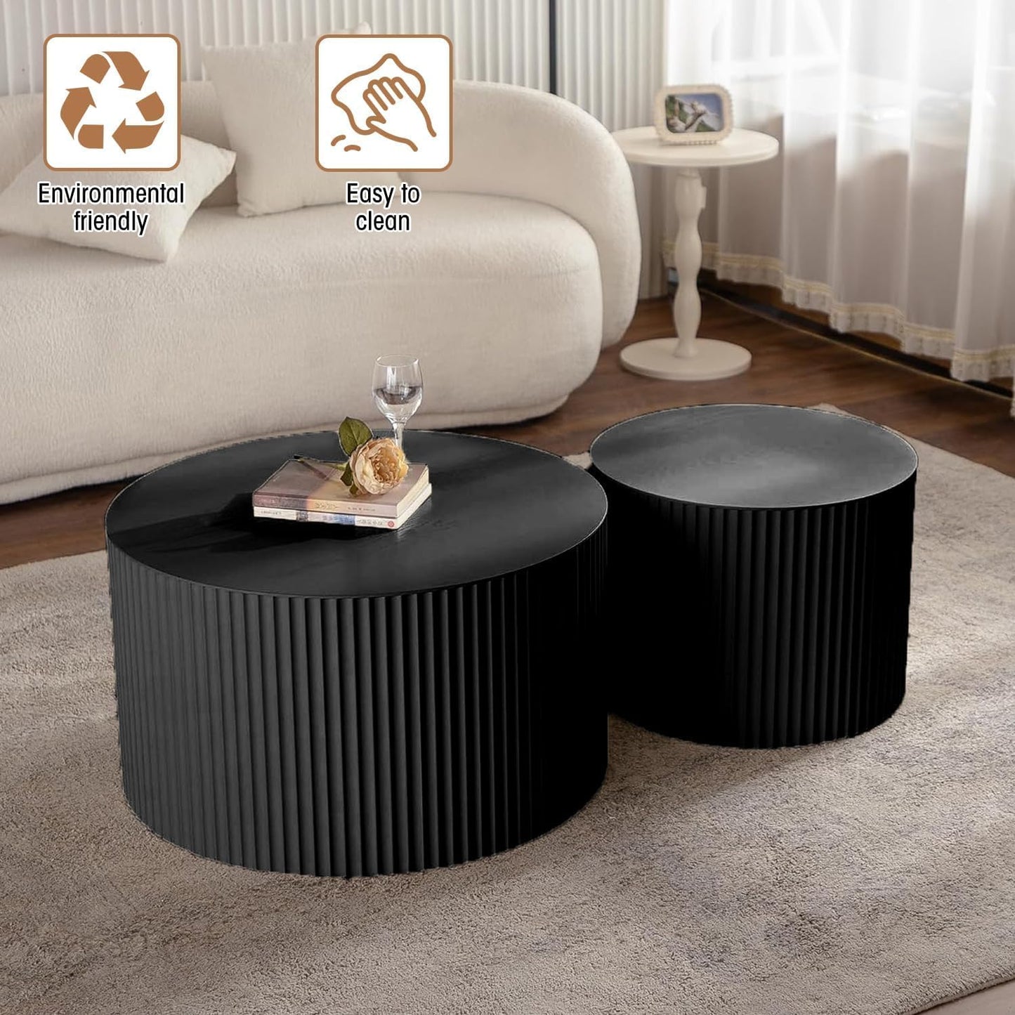 Round Coffee Table Set of 2, Nesting Coffee Table and End Table Set Small Circle Drum Side Table for Living Room Office, No Assembly (A Black Large)
