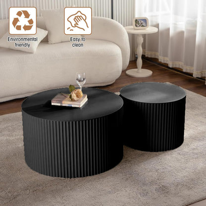 Round Coffee Table Set of 2, Nesting Coffee Table and End Table Set Small Circle Drum Side Table for Living Room Office, No Assembly (A Black Large)