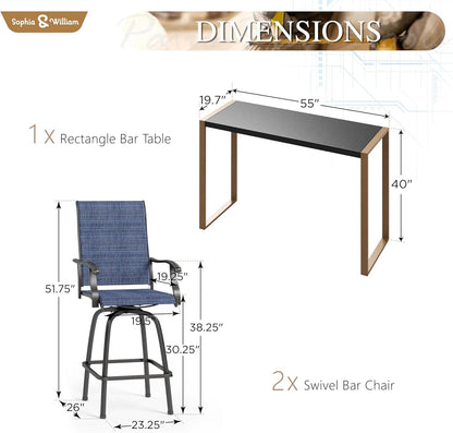 Sophia & William Outdoor Bar Set, Patio Bar Table and Chairs Set, Bar Height Patio Set - 2 x Swivel Bar Chairs(Blue), 1 x Rectangular Bar Table(Larimar Desktop)