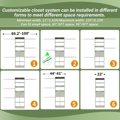 Closet System, 4-8 FT Closet Organizer Tower with 2 Wooden Drawers and Shelves, Can Fit 60 to 96 inch Walk-in Closet System with 5 Hang Rods, Built-in, Crab Green