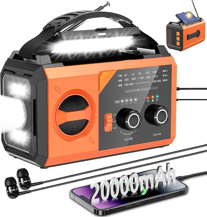 20000mAh Emergency Weather Radio with Wireless Speaker, 74000mWh NOAA/AM/FM Hand Crank Solar Radio with Flashlight Cell, Phone Charger, Compass, Reading Lamp, SOS Alarm