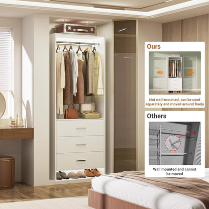 Aheaplus 2FT Closet System with 3 Drawers, 24’’ Closet Organizer, Wood Closet Organizer System, Walk-in Closet or Small Closets Wardrobe, Clothes Rack with Hanging Rods,-E6, White
