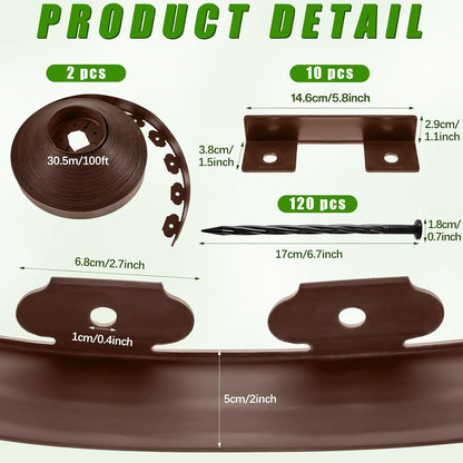 Sasylvia 2'' x 200' Landscape Edging Kit Edging Border Coil Include Anchoring Spikes 10 Connectors Plastic Garden Border for Lawn Garden Grass Yard Home(Brown)