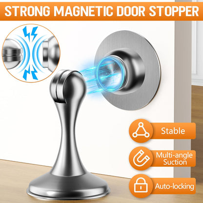 Crosize Magnetic Door Stoppers 2 Pack, Stainless Steel Door Catch for Wall and Floor Mounting, Door Holder Keep Door Open, No Drilling Door Stop with Adhesive Tapes, Silver