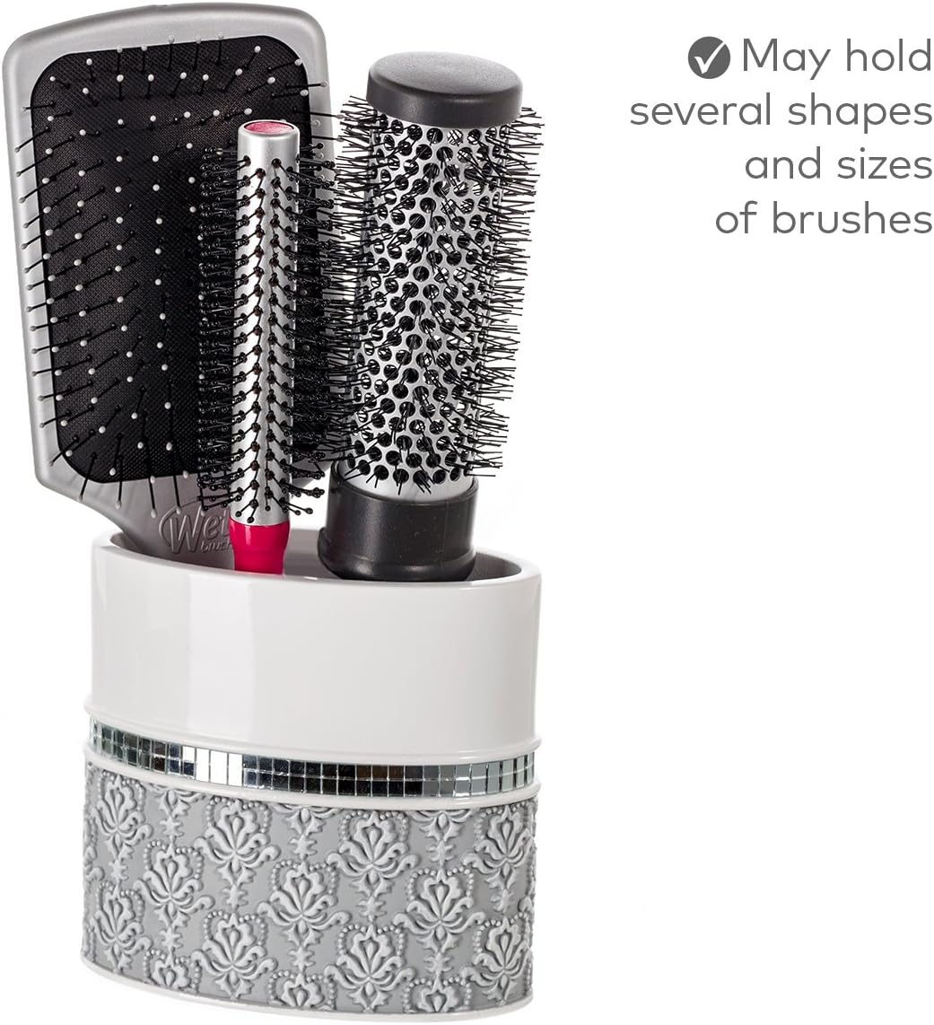 Creative Scents Mirror Damask Toothbrush Holder for Bathroom - Gray & White Toothbrush and Toothpaste Holder - Decorative Toothbrush Cup for Bathroom Holds Multiple Standard Or Electric Toothbrushes