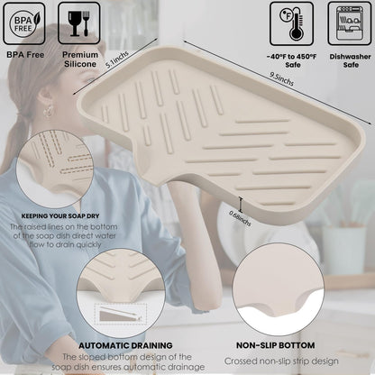 YASMEN Silicone Bathroom Soap Dishes, Sink Sponge Holder for Kitchen, Rubber Soap Dish with Drain, Shower Soap Sponge Tray, Sink or Counter Organizer, for Bar Soap, Bottle, Dish Soap Dispenser-Tapioca