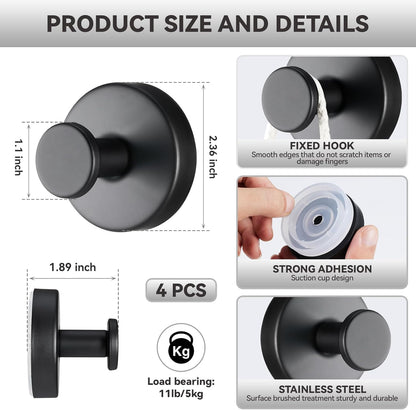 4 PCS Suction Cup Hooks for Shower, Stainless Steel No Drill Towel Hooks, Reusable Sticky Silicone Base for Bathroom Wall, Glass, Mirror, Tile to Hang Loofahs, Robes (Matt Black)