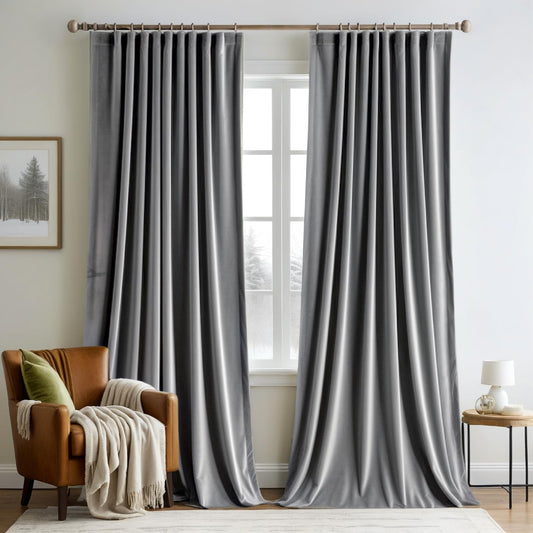 MIULEE Grey Velvet Curtains 90 inches Long 2 Panels - Luxury Pinch Pleated Room Darkening Window Drapes for Bedroom Living Room Thermal Insulated Super Soft Blackout, Back Tab Rod Pocket Gray
