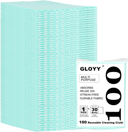 100 Count Disposable Cleaning Towels and Dish Cloths,Super Absorbent Dishcloths,Multi-Surface Cleaning Wipes for Kitchen Dishes, Windows, Bathroom (Green)