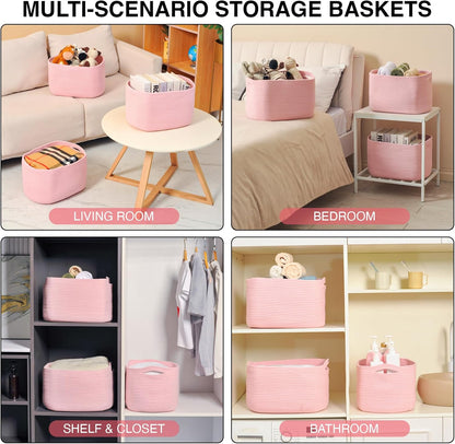 Storage Baskets for Organizing Shelves, Pink Basket for Nursery, Woven Cotton Rope Baskets for Storage, Towel Basket for Bathroom, 15"x11"x9.5", 3 Packs, Light Pink