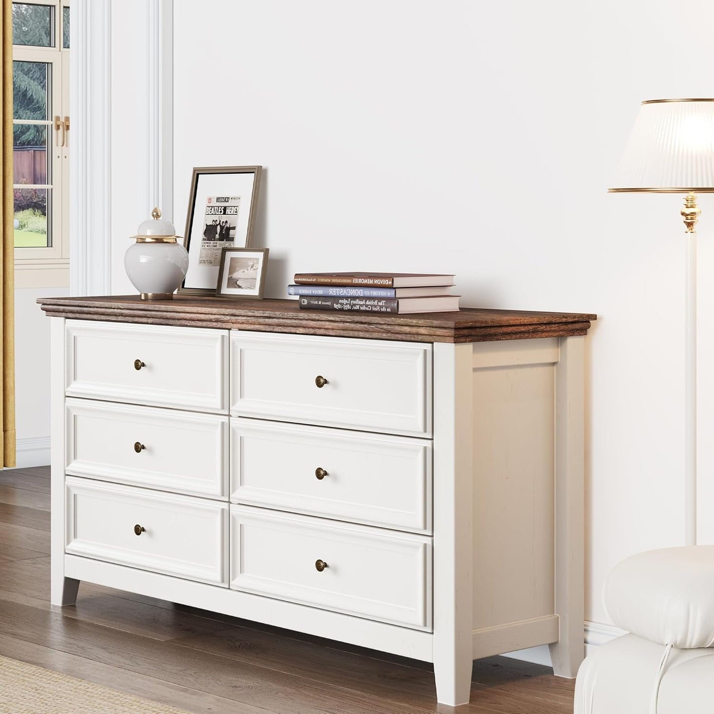 BLANKSPACE 6 Drawer Dresser, Modern Dresser for Bedroom, Wood Drawer Organizer with Metal Knobs, Large Capacity Cabinet for Bedroom, Antique White