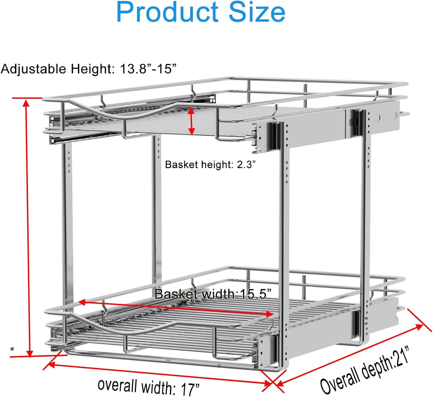 DINDON 2 Tier Pull Out Cabinet Organizer (17" W X 21" D), Double Tier Wire Basket Slide Out Shelf Storage for Kitchen Base Cabinet, Chrome Finish