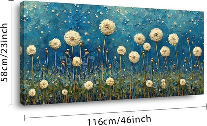 LASMOND Teal Dandelion Wall Art for Living Room Abstract Blowball Canvas Painting Prints Large Flower Floral Grassland Bedroom Decoration Modern Artwork Decor (46x23 Inches)