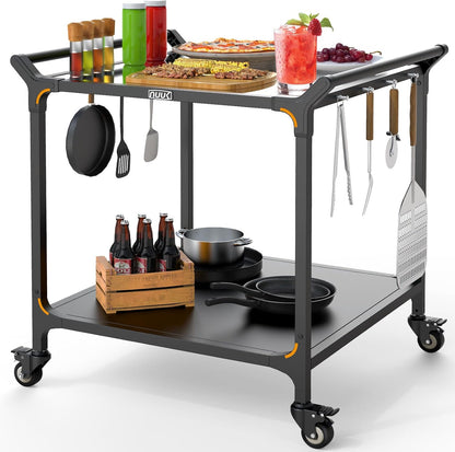 NUUK Grill Cart for Outdoor 32" x 32" Stainless Steel Pizza Oven Table with Double-Shelf Rolling BBQ Kitchen Food Prep Cart for Garden Patio
