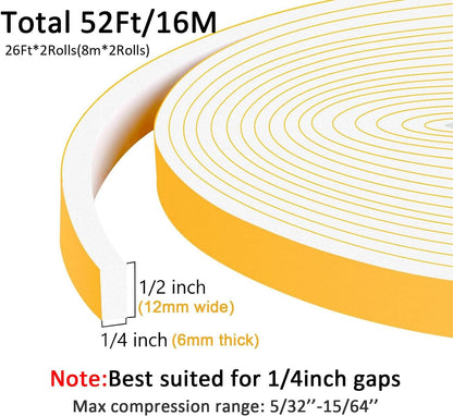 Strong Adhesive Weather Stripping, High Density Weatherproof Weather Stripping Door Seal Strip for Sliding Door, Windows,Soundproof Foam Sealing Strip, White(1/2 in x 1/4 in x 52Ft)