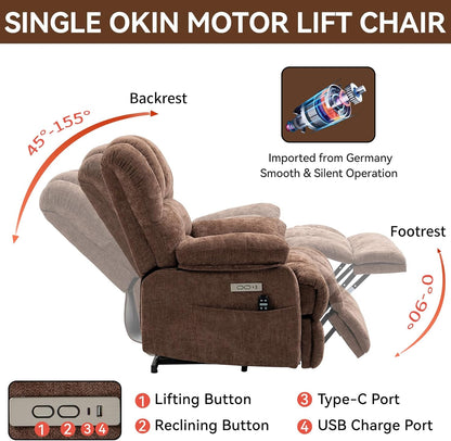 Large Power Lift Recliner Chair with Massage and Heat for Elderly, Ergonomic Backrest, Infinite Adjust, 2 Side Pockets,USB and Type-C Ports, Chenille Brown