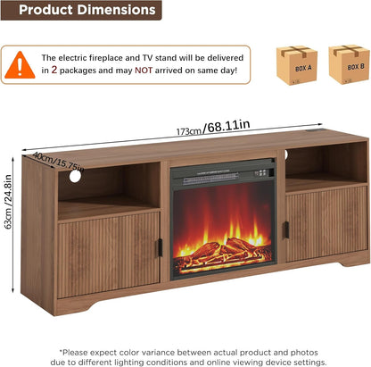 Fireplace TV Stand for Television up to 80 Inch,Entertainment Center with Adjustable Shelf,Mid-Century Modern Fluted TV Stand with 23" Electric Fireplace,Media Console for Living Room,Bedroom