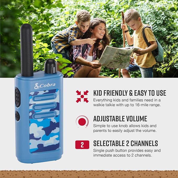 Cobra HE150 B - Kid Friendly Walkie Talkies - 16-Mile Range, 2 Channels Two-Way Radio Set, Blue (2-Pack)