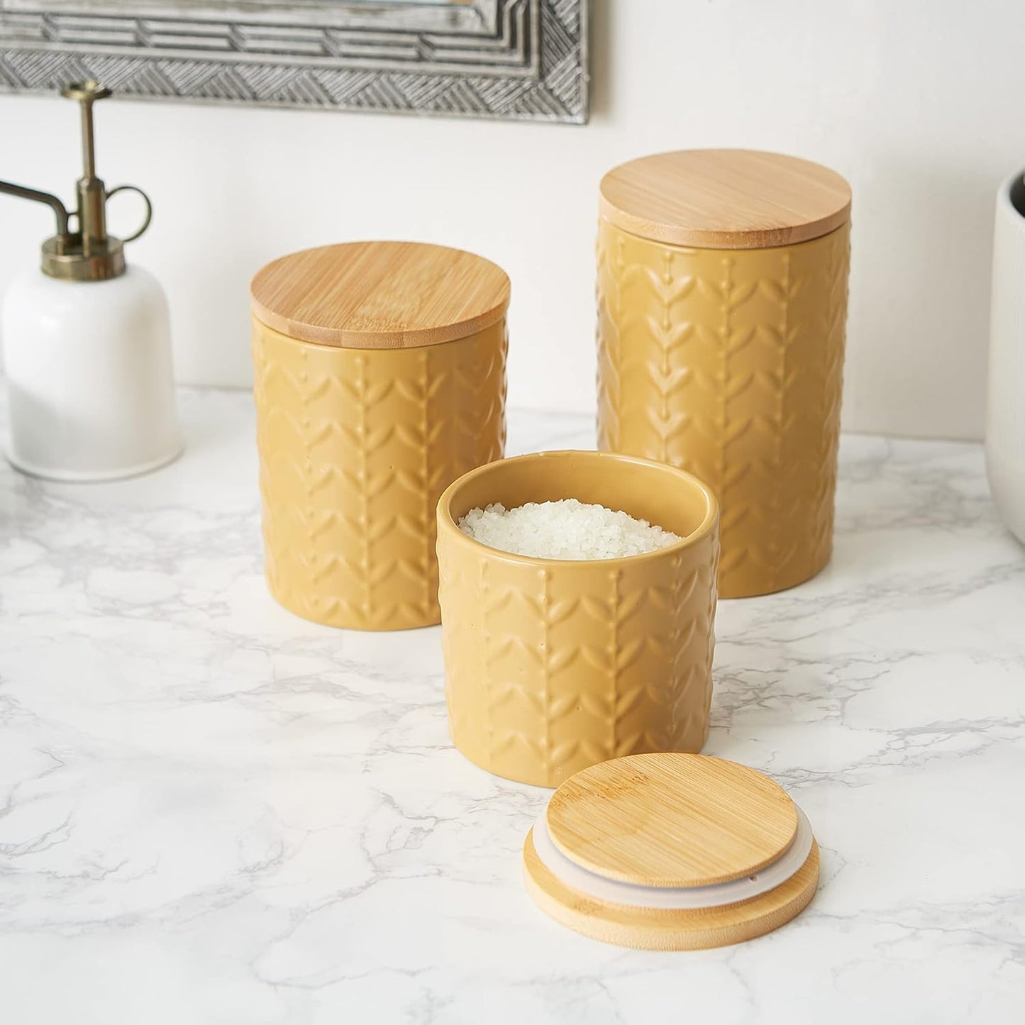 DII Kitchen Accessories Collection, Textured Matte Ceramic Canister Set, Honey Gold, Vine, 3 Piece