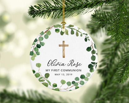 Andaz Press Personalized First Communion Ornament for Girls Boys, Round Ceramic Porcelain First Communion Christmas Ornament, Custom Name Date, My First Communion 2025, Farmhouse Eucalyptus Wreath