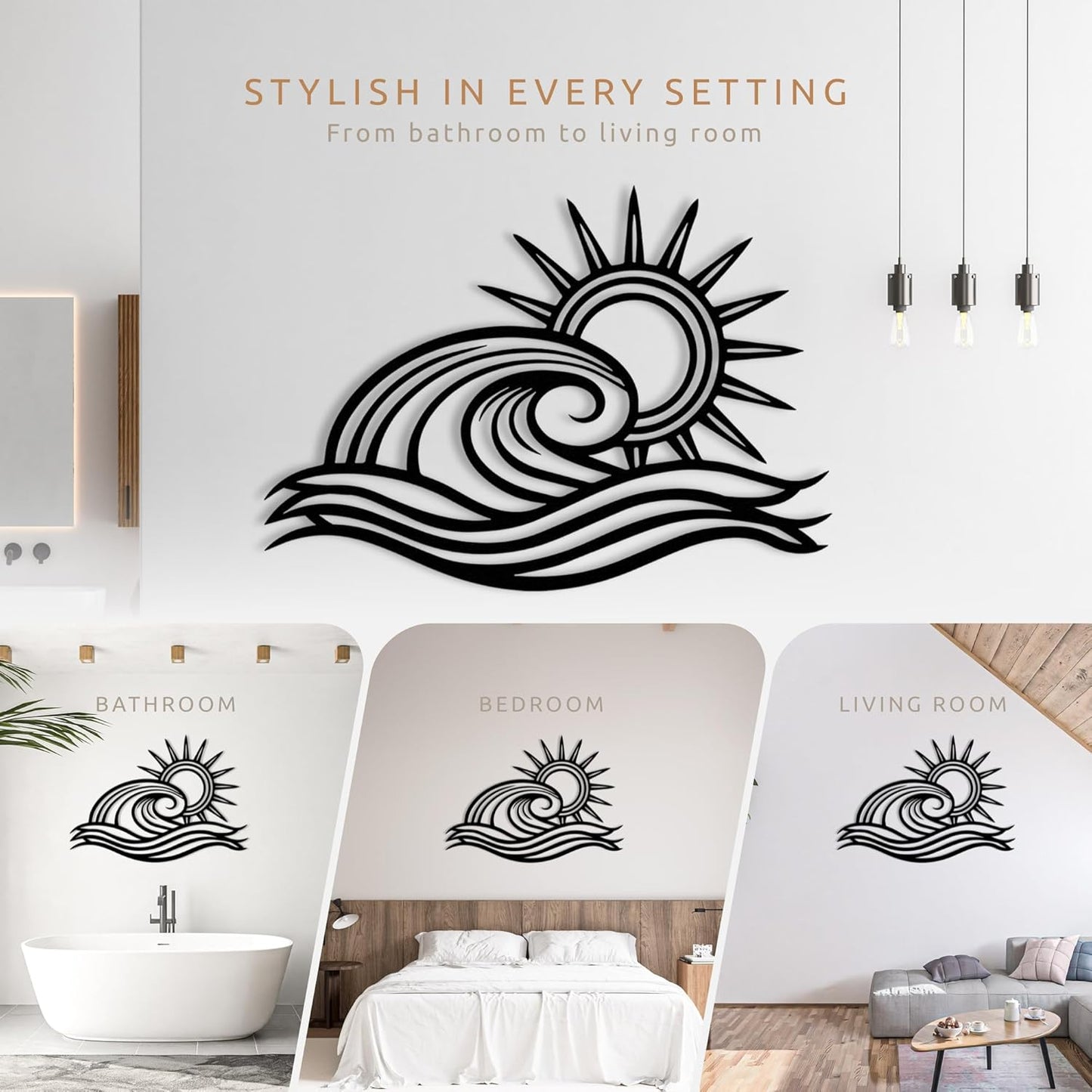 Wita Home Ocean Wave Metal Wall Art, Sun Beach Decor, Coastal Large Wall Sculpture for Home, Indoor/Outdoor Use, Nautical Wall Hanging, Eye-Catching Addition to Living Room (Black, 24 x 14 inches)