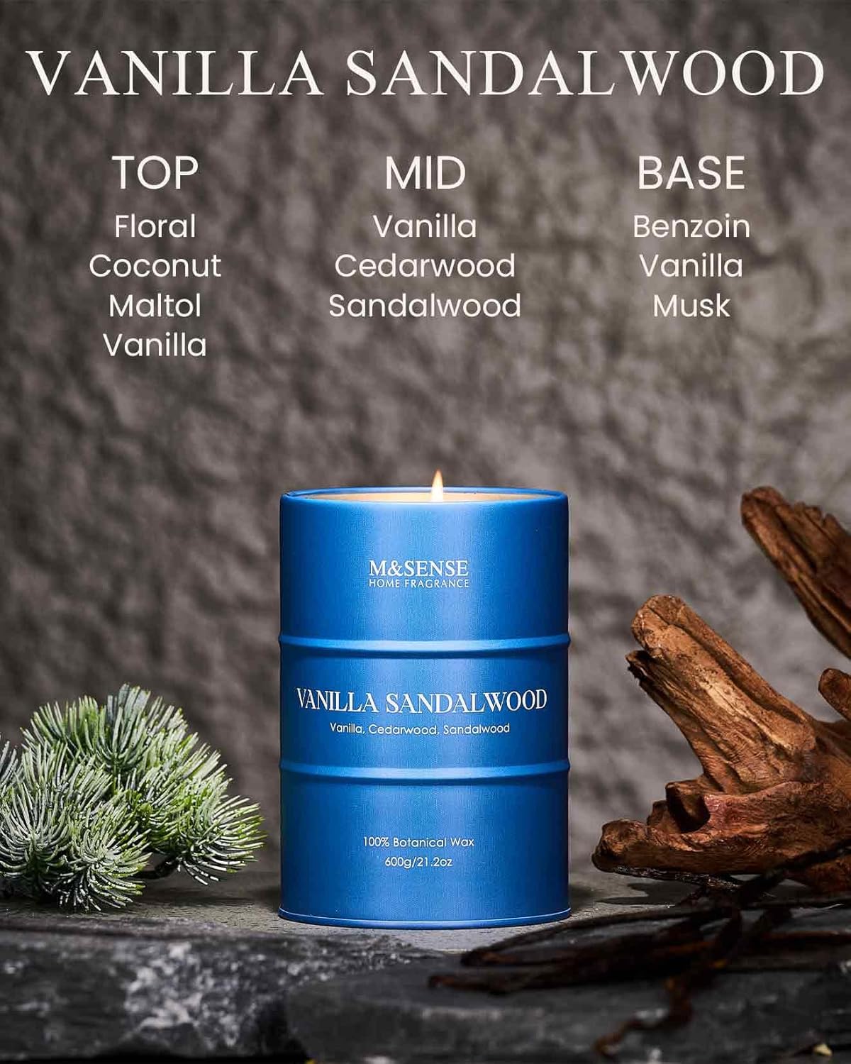 M&SENSE Vanilla Sandalwood Scented Candles Large, Natural Soy Candles 21.2oz 120 Hour Slow Burning,Aromatherapy Candle for Stress Relief Meditation Relaxing