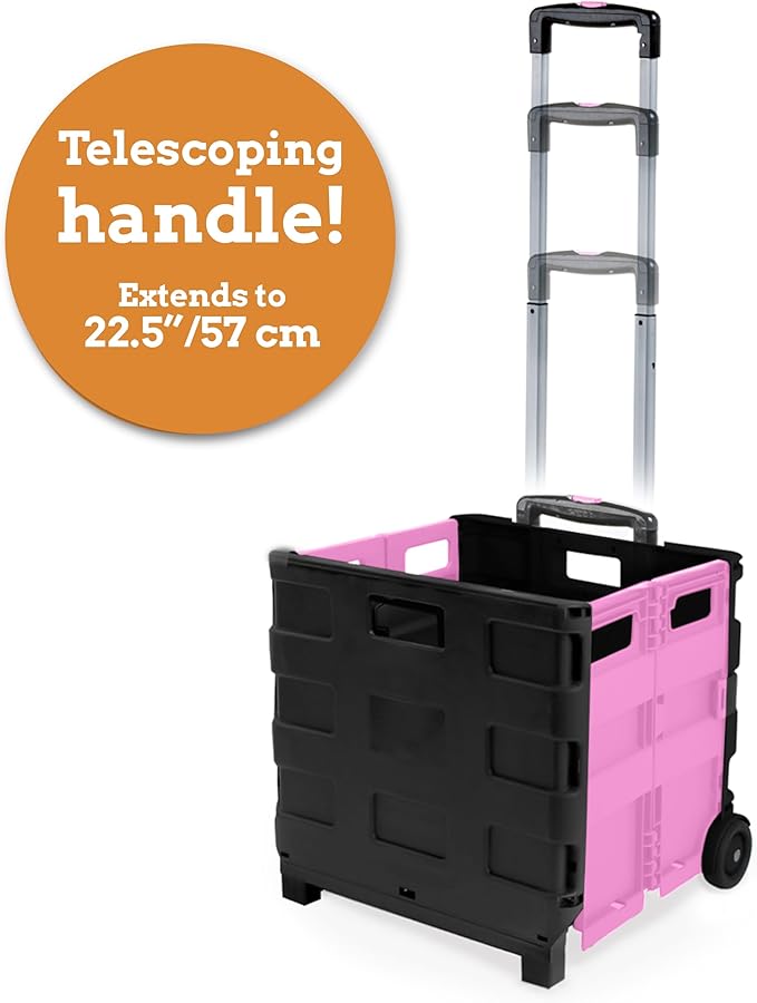 Inspired Living Ultra-Slim Rolling Collapsible Storage Pack-N-Roll Utility-carts, with Telescopic Handle, for Home, Garden, Shopping, Office, School use, Medium, Pink & Black