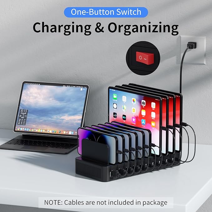 60W Charging Station for Multiple Devices, 10-Port USB Fast Charging Station with Adjustable Dividers - Device Organizer Charging Dock for iPhone, Android, iPad, Tablets & More