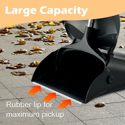 Outdoor Broom and Dustpan Set with Long Handle, Commercial Upright Standing Dust Pan with Windbreak Cover and Brooms Combo for Sweeping Lobby Courtyard Garage Deck Patio Indoor