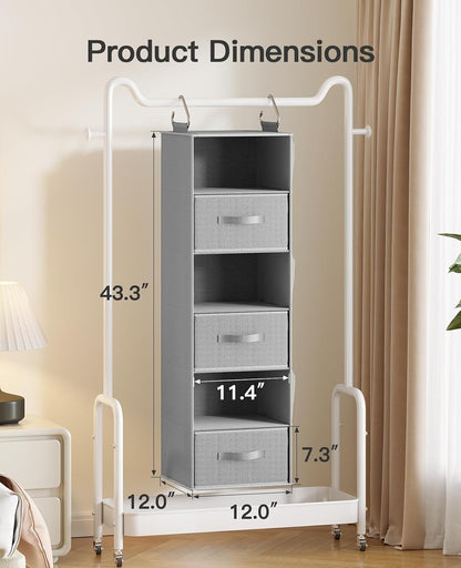Pipishell Hanging Closet Organizer 6-Shelf, Hanging Shelves for Closet with 3 Removable Drawers & Side Pockets for Bedroom or Garment Rack, 12' x 12' x 43.3', Dark Gray