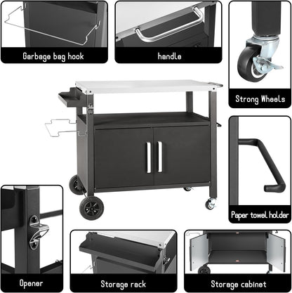 Dining Cart Table with Big Storage Cabinet, Movable Outdoor BBQ Grill Table Pizza Oven Stand, Kitchen Cart Island Multifunctional Food Prep for Inside and Outside