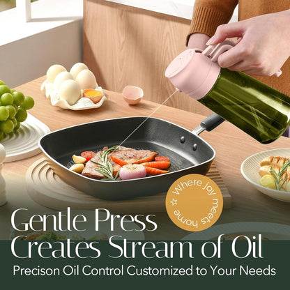 YARRAMATE 16oz/470ml Light-Blocking Dark Oil Sprayer for Cooking, 2 in 1 Olive Oil Dispenser Bottle for Kitchen, Dark Green Glass Oil Bottle, Food-Grade Oil Mister for Air Fryer, BBQ (PeachPink)