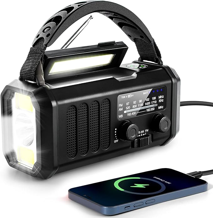 10000mAh Emergency Crank Radio,NOAA/AM/FM Weather Radio, Type-C Charge,Solar Charging,SOS, 3 Modes LED Torch, Reading Lamp, Compass for Outdoor Survival(Black)