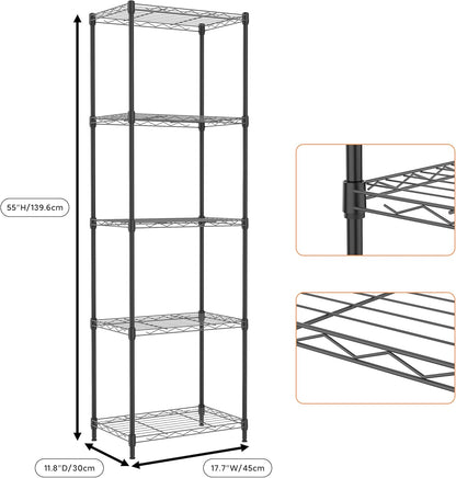 5 Tiers Shelf Metal Storage Shelves Wire Rack Closet Organizers with Wheel for Garage Kitchen Bathroom Laundry Black 11.8" D x 17.7" W x 55" H