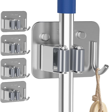 4 Pack Stainless Steel Mop and Broom Gripper with Hook, Screw Drilling or Self Adhesive Mop and Broom Holder Wall Mount, Storage Rack for Closet Laundry Garage Garden Tool Organizer, Silver
