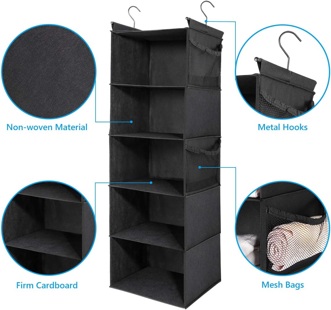 MAX Houser 5-Shelf Hanging Closet Organizer,Space Saver, Cloth Hanging Shelves with 4 Side Pockets,Foldable, Black