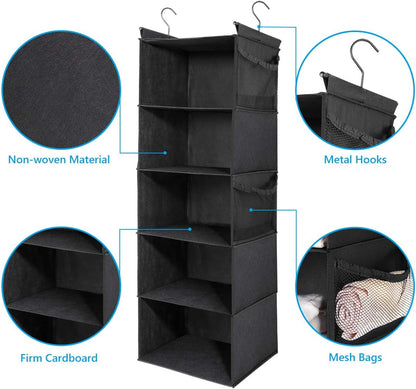 MAX Houser 5-Shelf Hanging Closet Organizer,Space Saver, Cloth Hanging Shelves with 4 Side Pockets,Foldable, Black