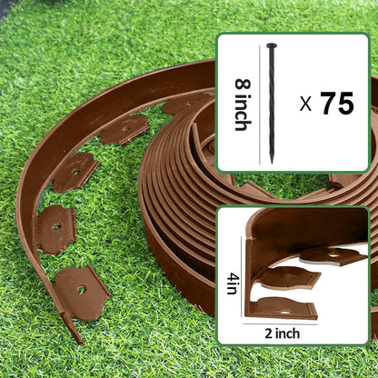 49FT Landscape Edging, 4 in Tall Garden Edging Borders with 75 Spikes,Flexible Lawn Edging Plastic Borders for Garden, Flower Beds, Pavement-Brown